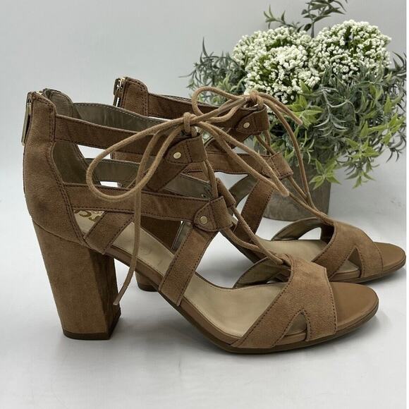 SAM EDELMAN Circus Suede Strapping Lace Up Open Toe Block Heel sandals Size 6.5 - Picture 1 of 13